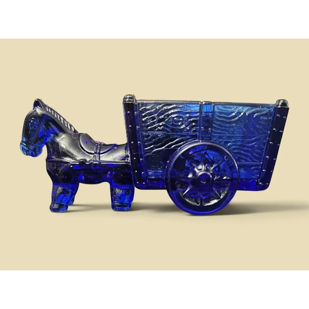Vintage Jeannette Cobalt Blue Glass Donkey & Wood-Grain Wagon Figurine Rare Mini